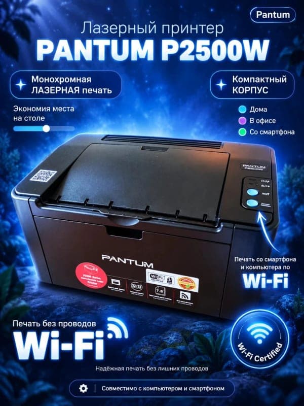Лазерный принтер Pantum P2500W с Wi-Fi: инфографика для карточки товара Wildberries и Ozon