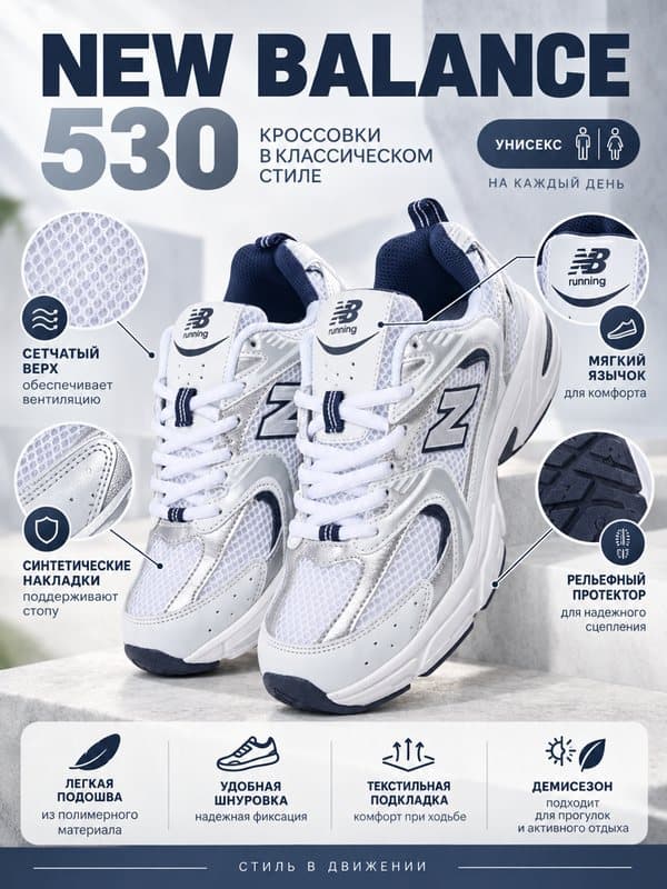 Кроссовки New Balance 530: инфографика для карточки товара Wildberries и Ozon
